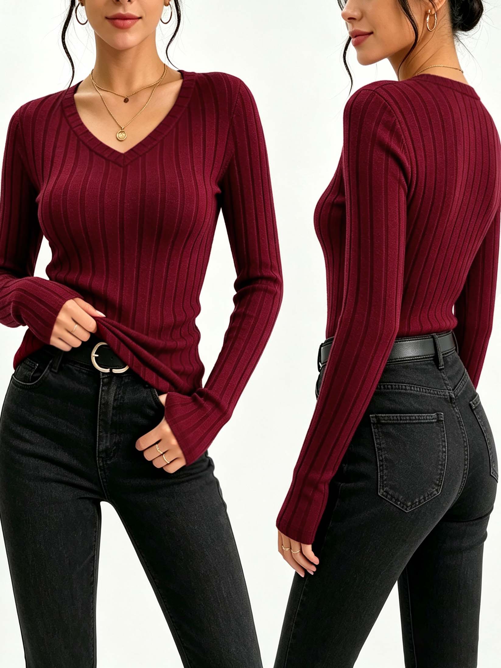 Women Solid V‑Neck Ribbed Knit - Golf Tees ulasan dan harga